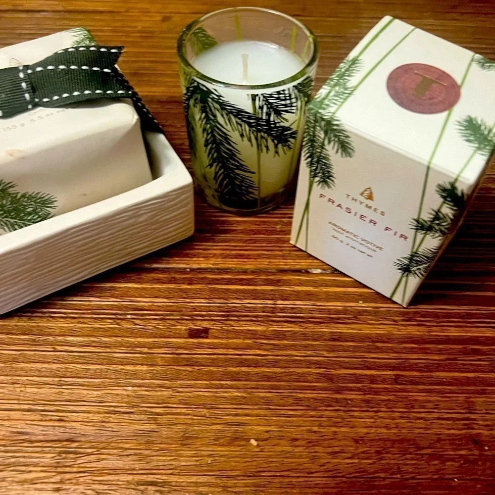 🆕🌲Thymes Frasier Fir Votive Candle and Soap with Wooded Pattern Soap Dish 🌲🆕